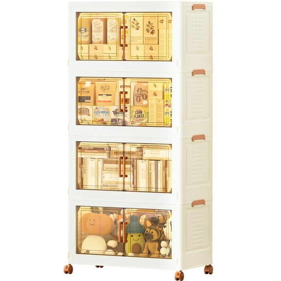 JEKO&JEKO 432Qt Foldable Plastic Storage Bins with Doors, 4 Pack, Cream