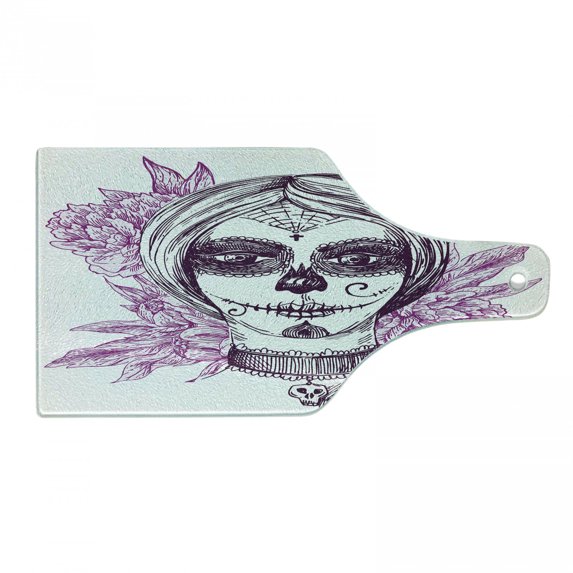 Day of the Dead Cutting Board, Illustration Gothic Vampire Like Face Skull Flowers Image, Decorative Tempered Glass Cutting and Serving Board, Wine Bottle Shape, Violet Purple and White, by Ambesonne