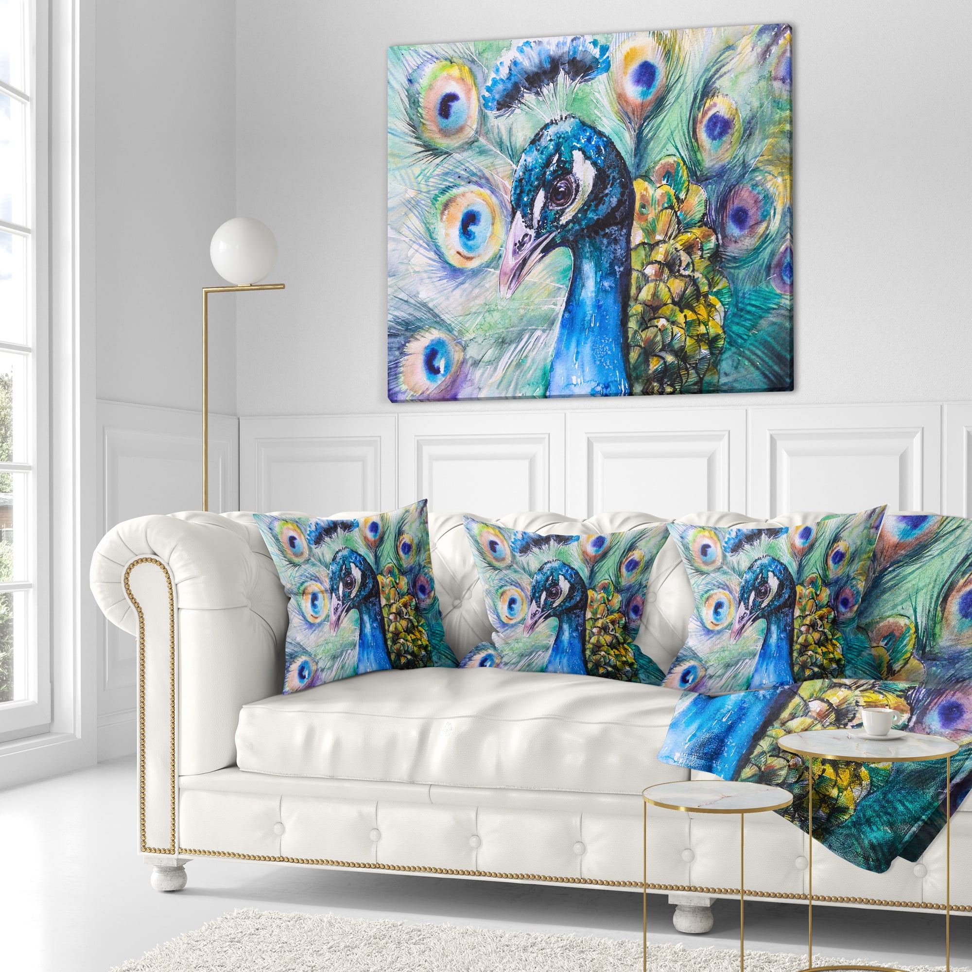 Designart Beautiful Peacock Watercolor - Abstract Throw Pillow - 18x18