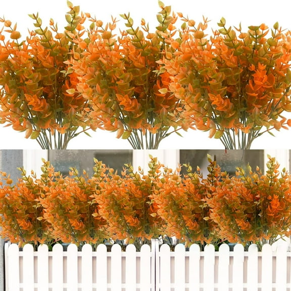 Viworld 6PCS Fall Artificial Flowers UV Resistant Plants Fall Decorations, Faux Plastic Eucalyptus Greenery Shrubs Fake Plant Autumn Indoor Outdoor Home Fireplace Garden Thanksgiving Decor