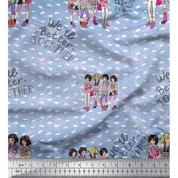 Soimoi Blue polyester Crepe Fabric Text & Women Group Print Fabric by Yard 42 Inch Wide
