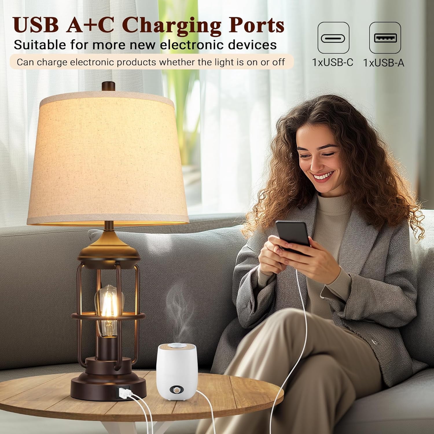 Newest Set of 2 Rustic Table Lamps with USB Ports, 3-Way Touch Control Dimmable Bedside Lamps with Dual Lighting, Farmhouse Nightstand Lamps with Included LED Bulbs