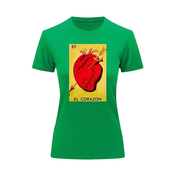 Playera Blusa El Corazon De La Loteria Mexicana Tradicion Mexicana Color Verde Talla Mediana Marca Emil SaEs