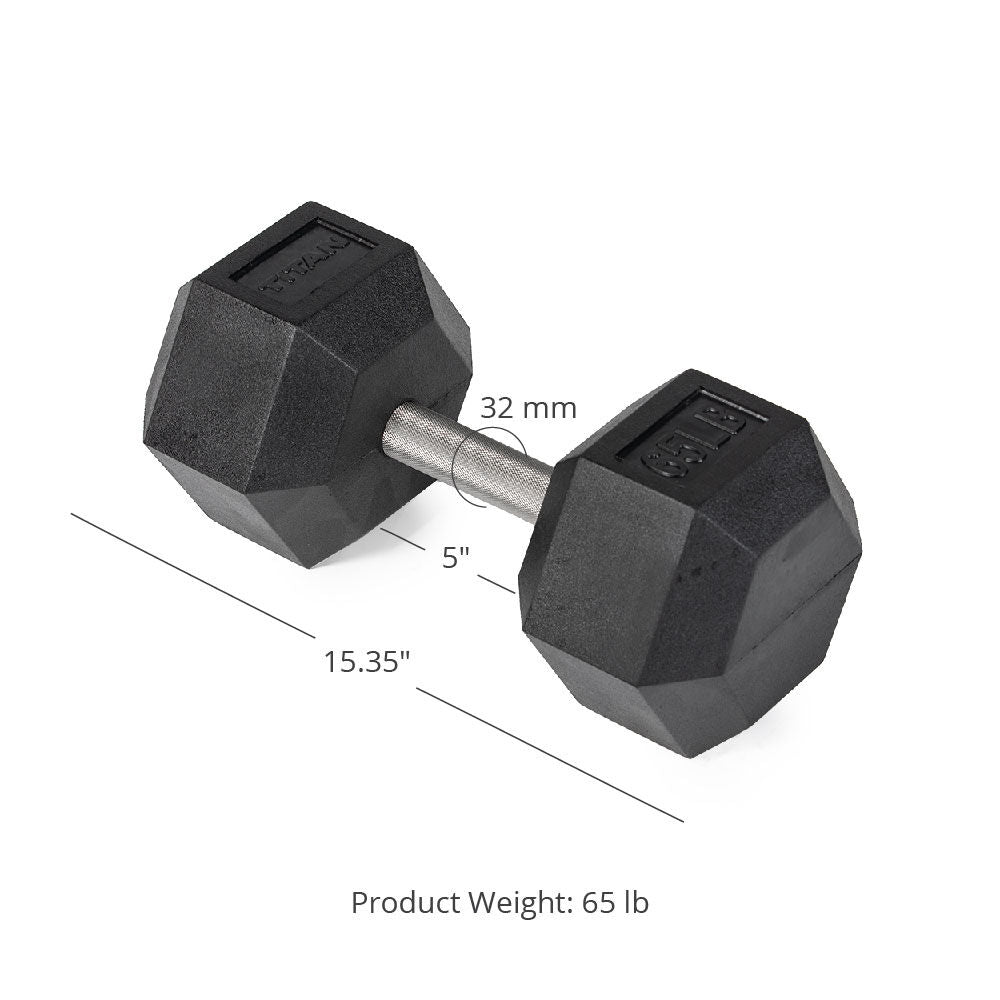 Titan Fitness 65 LB Pair Free Weights, Black Rubber Coated Hex Dumbbell, Straight Stainless Steel Handle, Strength Training, Full Body Workout