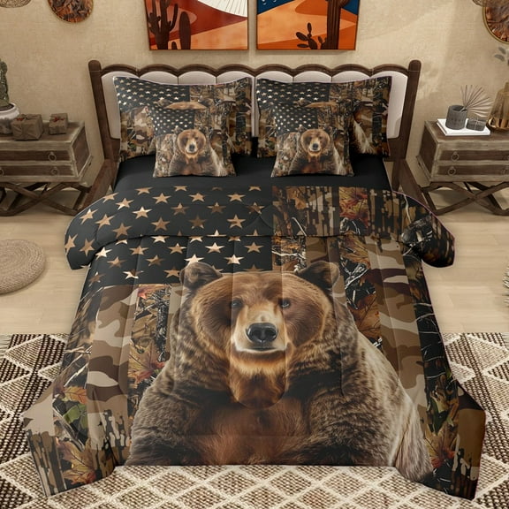 Homewish Animal Bear Twin Bedding Sets 7-Piece for Female Men Adults,Tree Branches Bedding Comforter Set Microfiber,Camouflage American Flag Breathable Sheet Sets,Lightweight Room Decor,Reversible