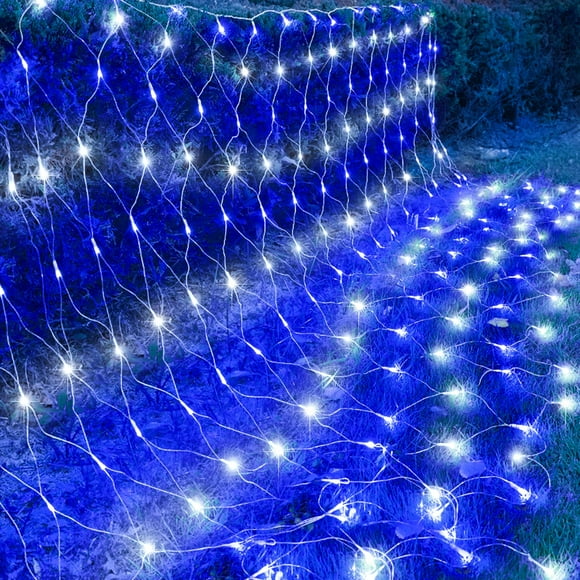 kemooie Outdoor Christmas Net Lights 198 LEDs 9.8FT x 6.6FT Net Lights Connectable 8 Twinkle Modes Hanging Mesh Lights for Garden Bush Window Christmas Decorations (Blue&White)