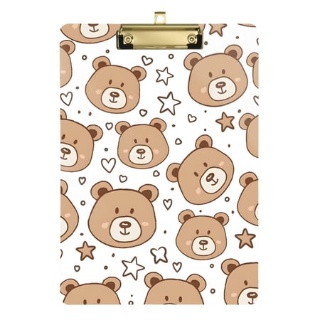 Cartoon Cute Bear Faces Stars Hearts Acrylic Clipboard Drawing Board with Hook Writing Pad File Storage A4 Size Gold 12.5" x 9"