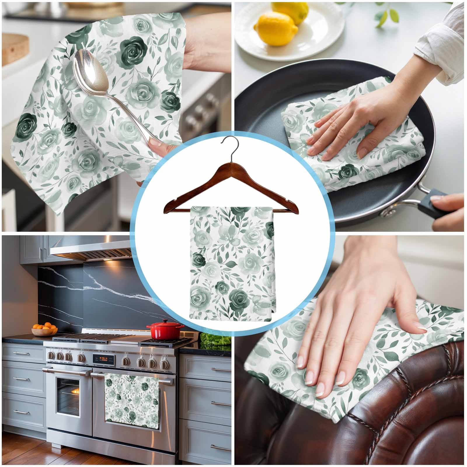 Sage Green Flower Kitchen Towels Set of 2, Water Absorbent Dish Towel, Vintage Rose Floral Botanical Leaf Decorative Hand Towels - Quick Drying Cloth for Cooking Baking, 18x28 Inch