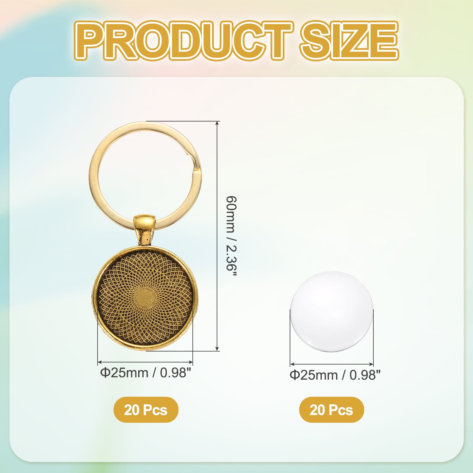 Uxcell 20 Pcs 25mm Cabochons Keychain Kit Pendant Setting Trays Glass Cabochons Base Blank Keychain Making Kit for Key Ring Supplies Photo Resin Crafting, Gold Tone