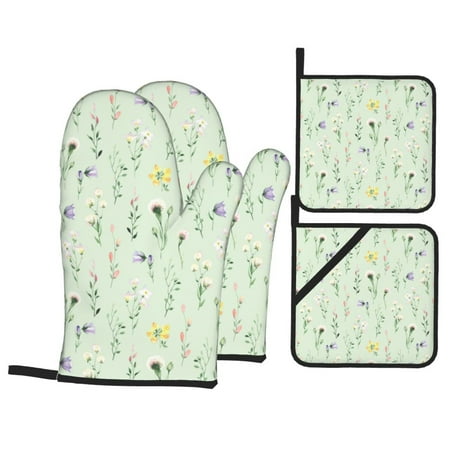 

Oven Mitts and Pot Holders Sets 4 pcs - Flower Watercolor A Heat Resistant Silicone Oven Gloves with Non-Slip Silicone Surface and hot pads for kitchen Baking Cooking BBQ
