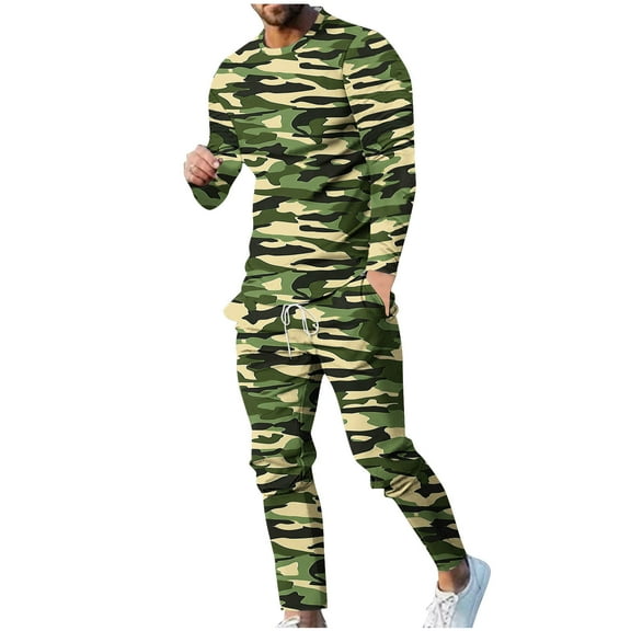 DeHolifer Mens Sets 2 Piece Outfits Camouflage Long Sleeve Lightweight T-Shirts and Jogging Pants Athletic Sweatsuit Green 3XL