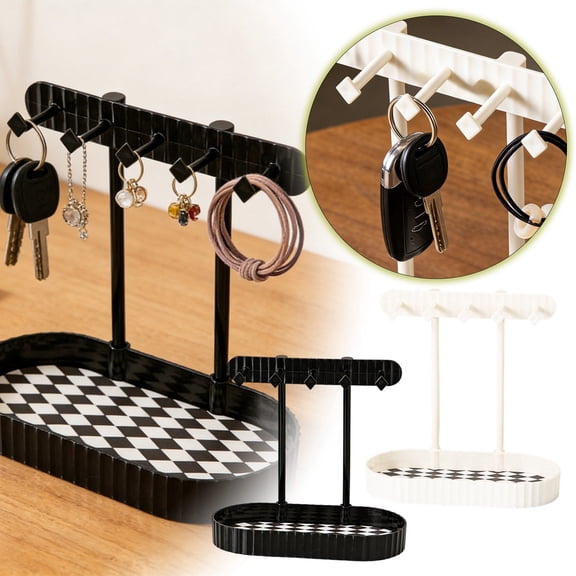 VMWMSSR Desktop Key Organizer With 5 Hooks And Checkerboard Tray, Multi-Hook Countertop Tray For Keys, Jewelry, Countertop Accessory Holder For Small Items A-20x19cm