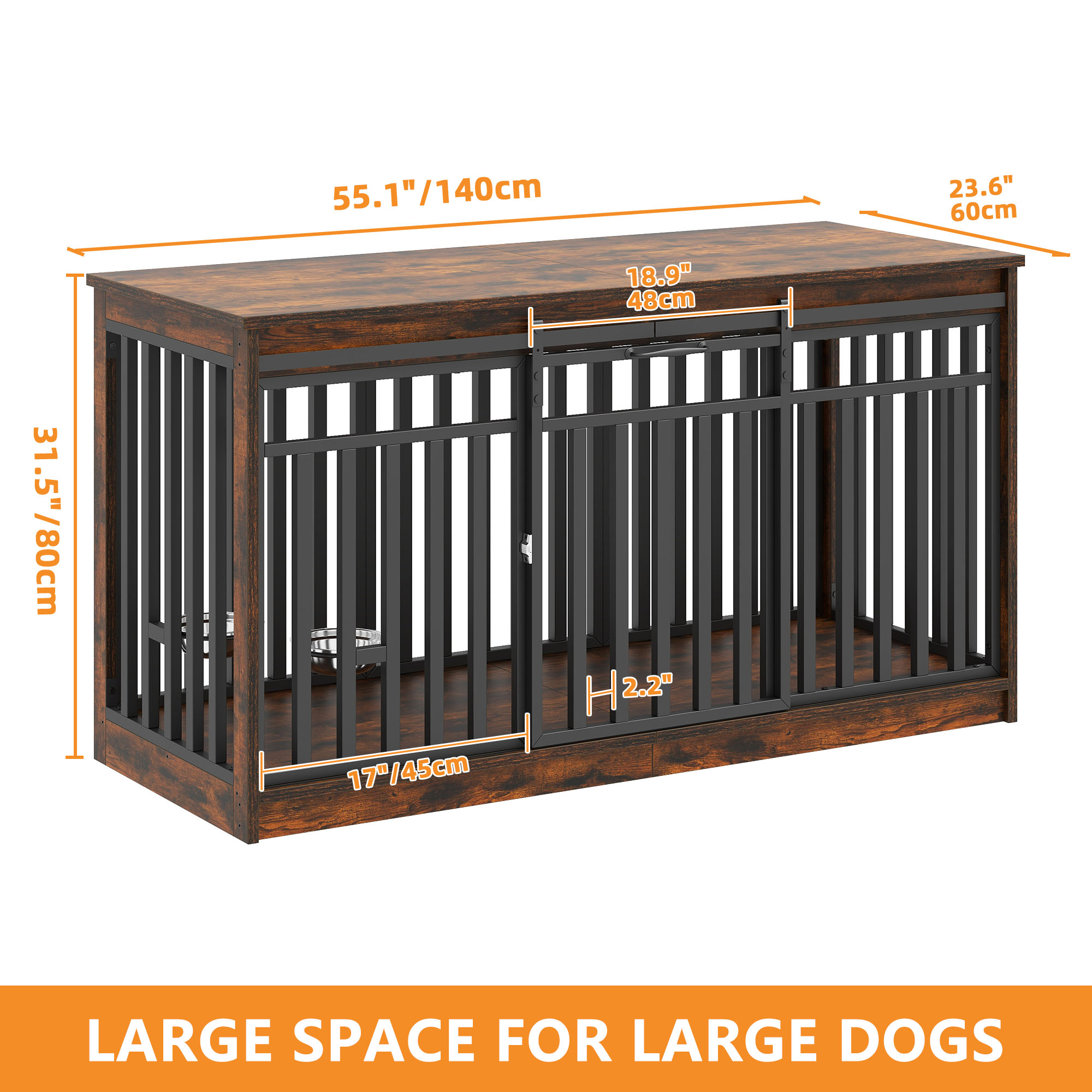 Craftian 55.1 Inch Dog Crate Furniture with Sliding Doors, Large Wooden Indoor Dog Kennel Dog Cage Table with 2 Dog Bowl for Medium Extra Large Dogs