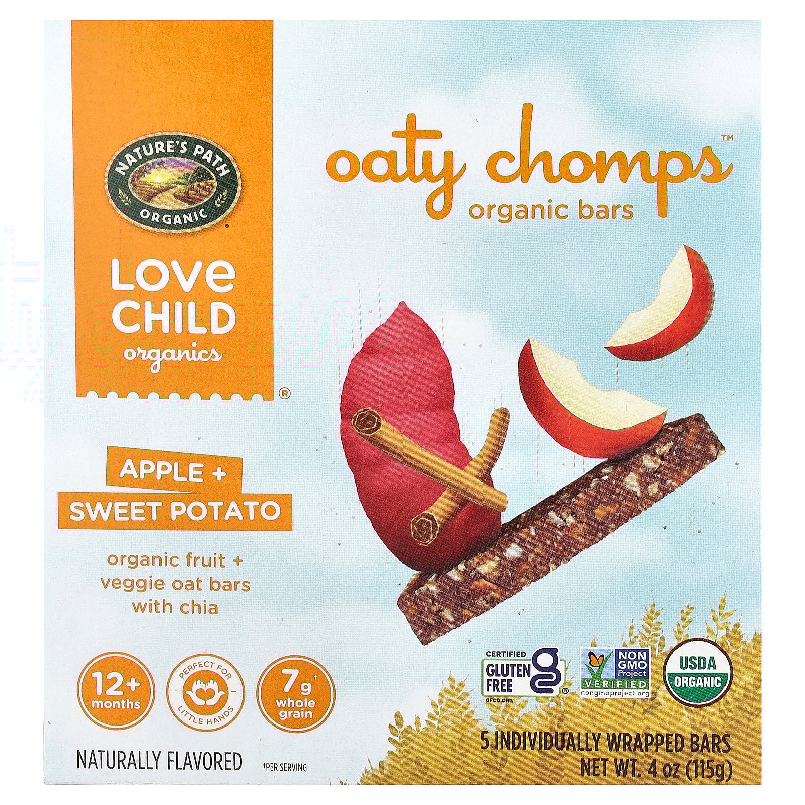 Love Child Organics Nature's Path, Oaty Chomps™ Organic Bars, 12  Months, Apple   Sweet Potato, 5 Individually Wrapped Bars, 0.8 oz (23 g) Each