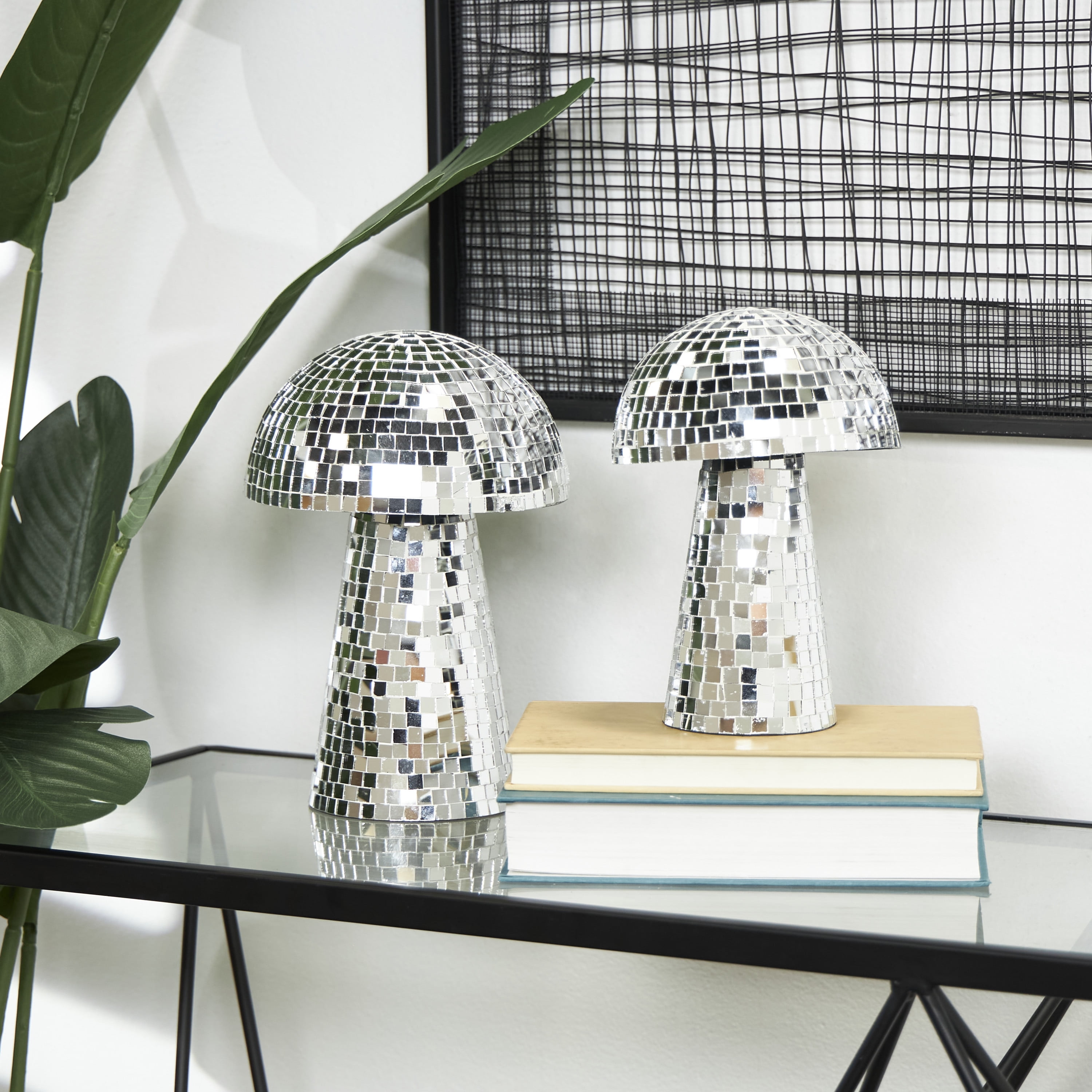 10", 8"H Silver Glass Handmade Mosaic Mirrored Mushroom Sculpture, by DecMode (2 Count)