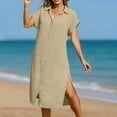 thumbnail image 5 of gakvbuo Linen Dress For Women Short Sleeve Summer Dress Long Dress Crewneck Loose Solid Maxi Dress Solid Collar Button Shirt Dress, 5 of 8