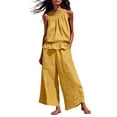 thumbnail image 2 of Wide Leg Pants Set for Women, Smocked Neck Peplum Top and High Waist Wide Leg Pants, Lightweight Beach Vacation Matching Outfit, Yellow M, 2 of 5