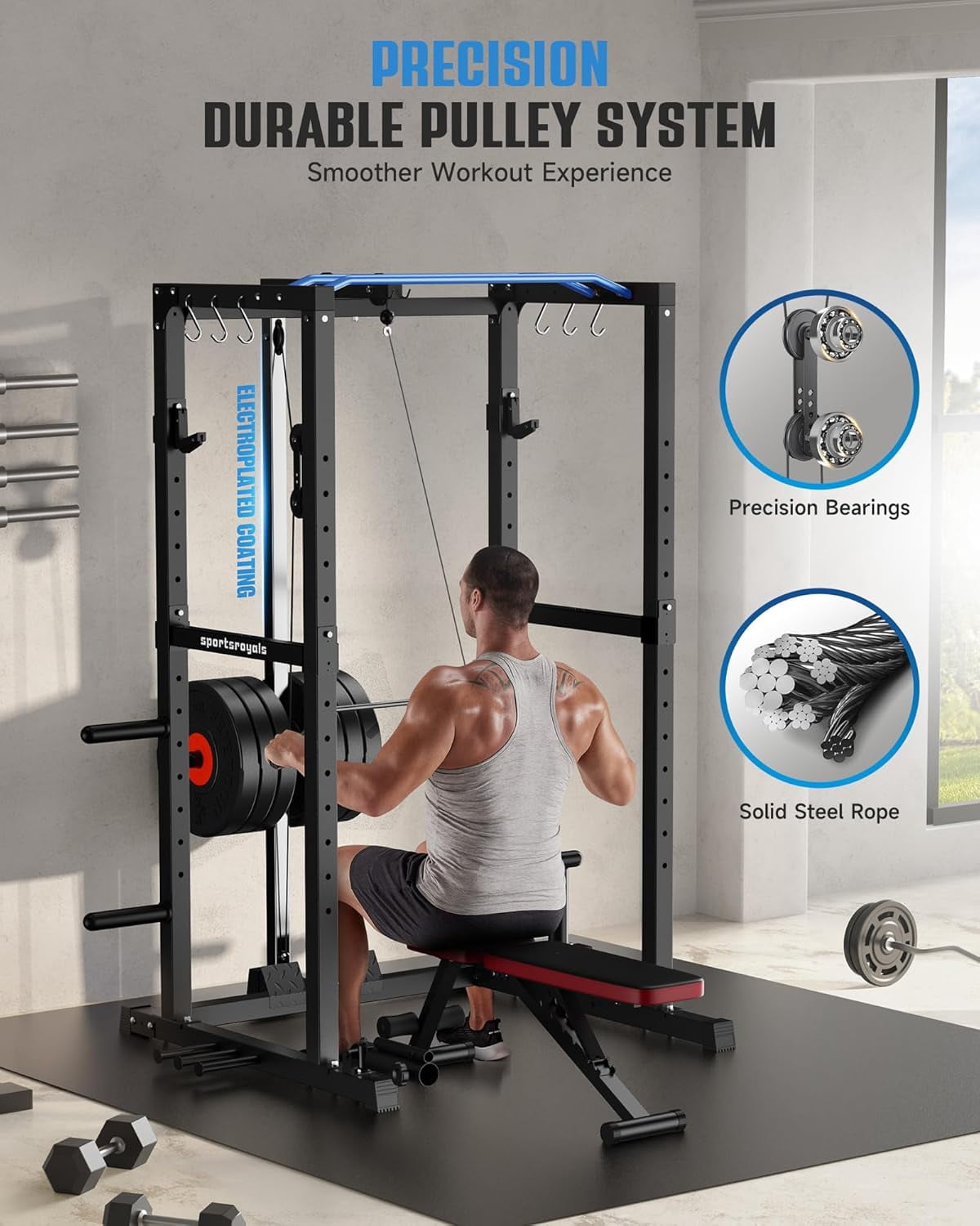 Sportsroyals Power Cage,1200lbs Multi-Function Power Rack with Adjustable Cable Crossover System Weight Cage for Home Gym,Blue