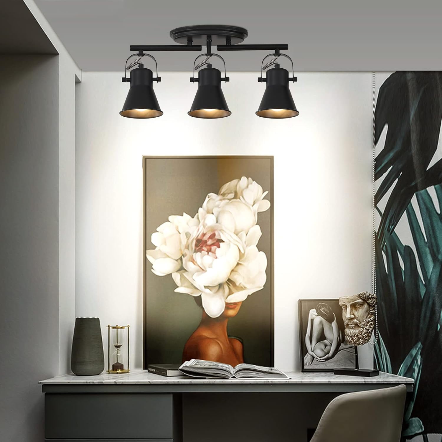 KEESFU 3-Light Ceiling Track Lighting Fixture, Black Adjustable Spot Head , Modern Track Light for Bathroom Vanity Kitchen Hallway