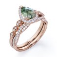 thumbnail image 4 of JeenMata Art Deco Filigree Milgrain - 1.5 Carat Almond Shaped Druzy Scenic Moss Green Agate and Moissanite - Halo Pave Crossover Wedding Set - 18K Rose Gold Plating over Silver, 4 of 7