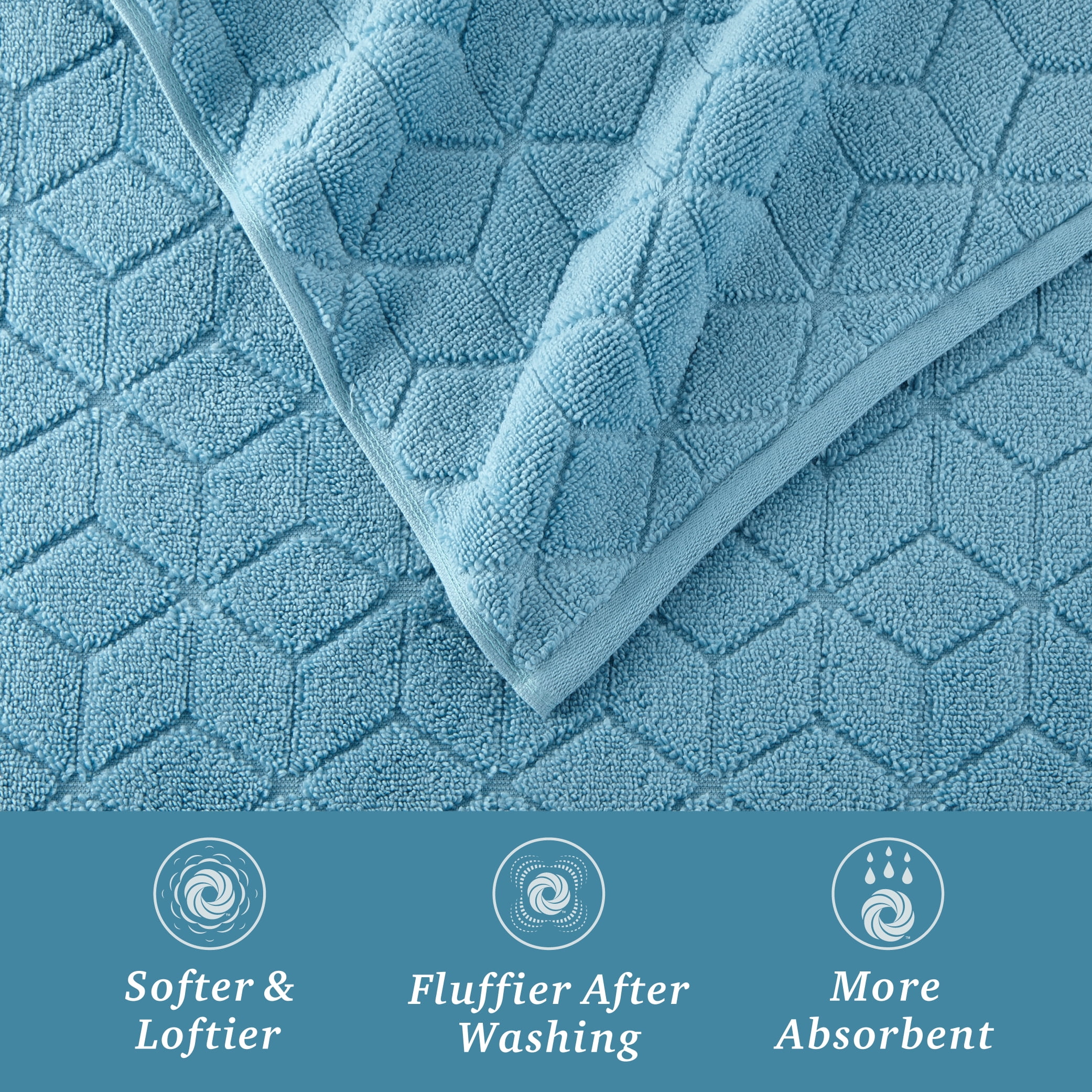 WelHome 100% HYGROCOTTON® 4-Piece Textured Soft Bath Towels Set, Delphinium Blue, 550 GSM, 30" x 56", Large, Absorbent & Plush Bathroom Towels