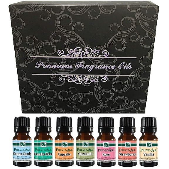Fragrance Oil Aromatic Scented Perfume Oil Gift Set of 7 - Cotton Candy, Cucumber Melon, Cupcake, Gardenia, Rose, Strawberry and Vanilla - ( 7 x 10 ml ) by Prevenage Made In USA 7 pack