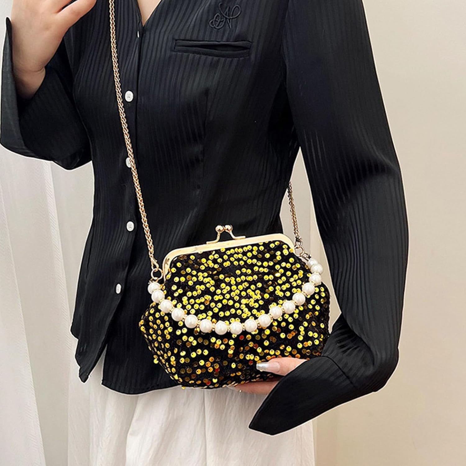 Evening Clutch Purses for Women, Glitter Sequin Crossbody Bag, Elegant Evening Handbag with Pearl for Wedding, Prom
