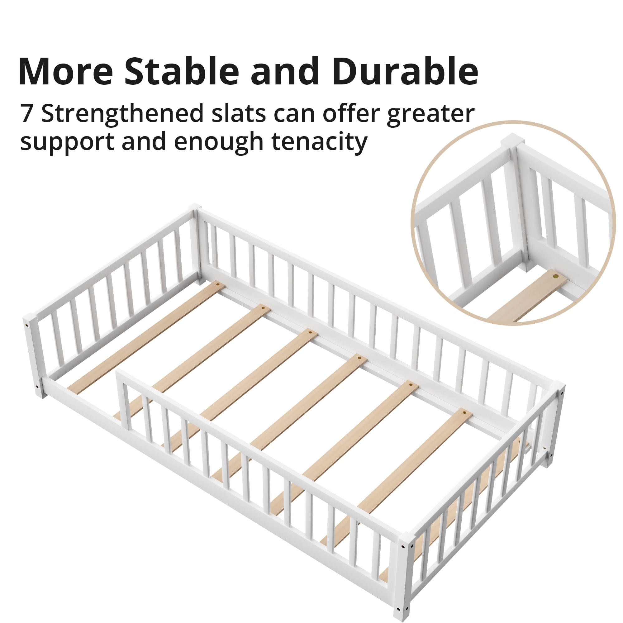 Twin Size Floor Bed, Wood Twin Montessori Bed Frame with Fence Guardrails and & Support Slats, Twin Playhouse Bed without Door, White