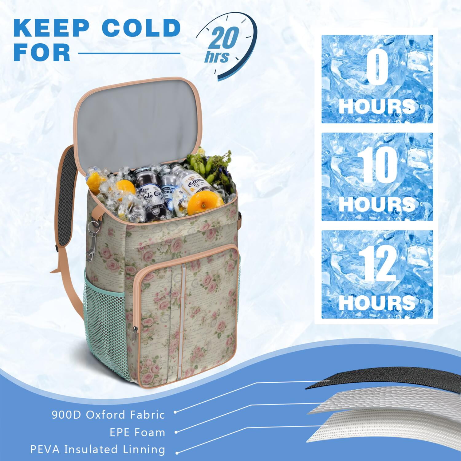 Travel Cooler Bag - Pioneer Flower Camping Beer Cooler Backpack with Bottle Opener- Waterproof Insulated Picnic Backpacks - Cooler Bag for Beach