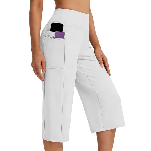 BUIGTTKLOP Capri Pants for Women High Waisted Yoga Capris Straight Wide Leg Stretchy Pull on Cropped Pants