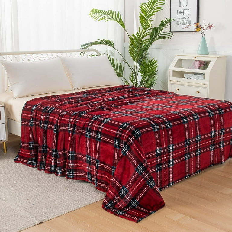 Flannel Fleece Throw Blanket Plaid Print Lightweight and Cozy Material All Season Suitable King California King Burgundy