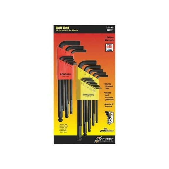 Bondhus BHS-20199 Metric & SAE L-Shape Hex Key Wrench Set - 22 Piece