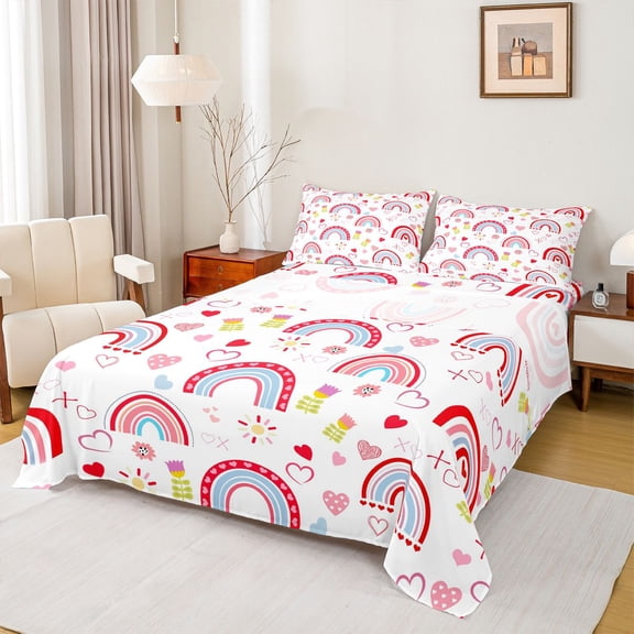 Homewish Cute Cartoon Rainbow Twin Sheet Sets,Colorful Tulip Flower Twin Fitted Sheet,Multicolor Graffiti Loves Print Flat Sheet For Girls Kids,Microfiber Bedroom Decor,3 Pieces