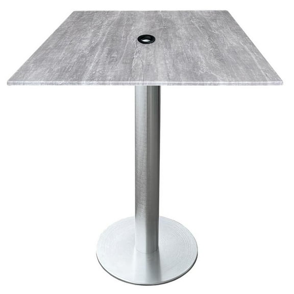 Indoor/Outdoor 36" Tall OD219 Brushed Aluminum Table Base with 18" Diameter foot and 32" x 32" Square Indoor/Outdoor Greystone Top with Umbrella Hole