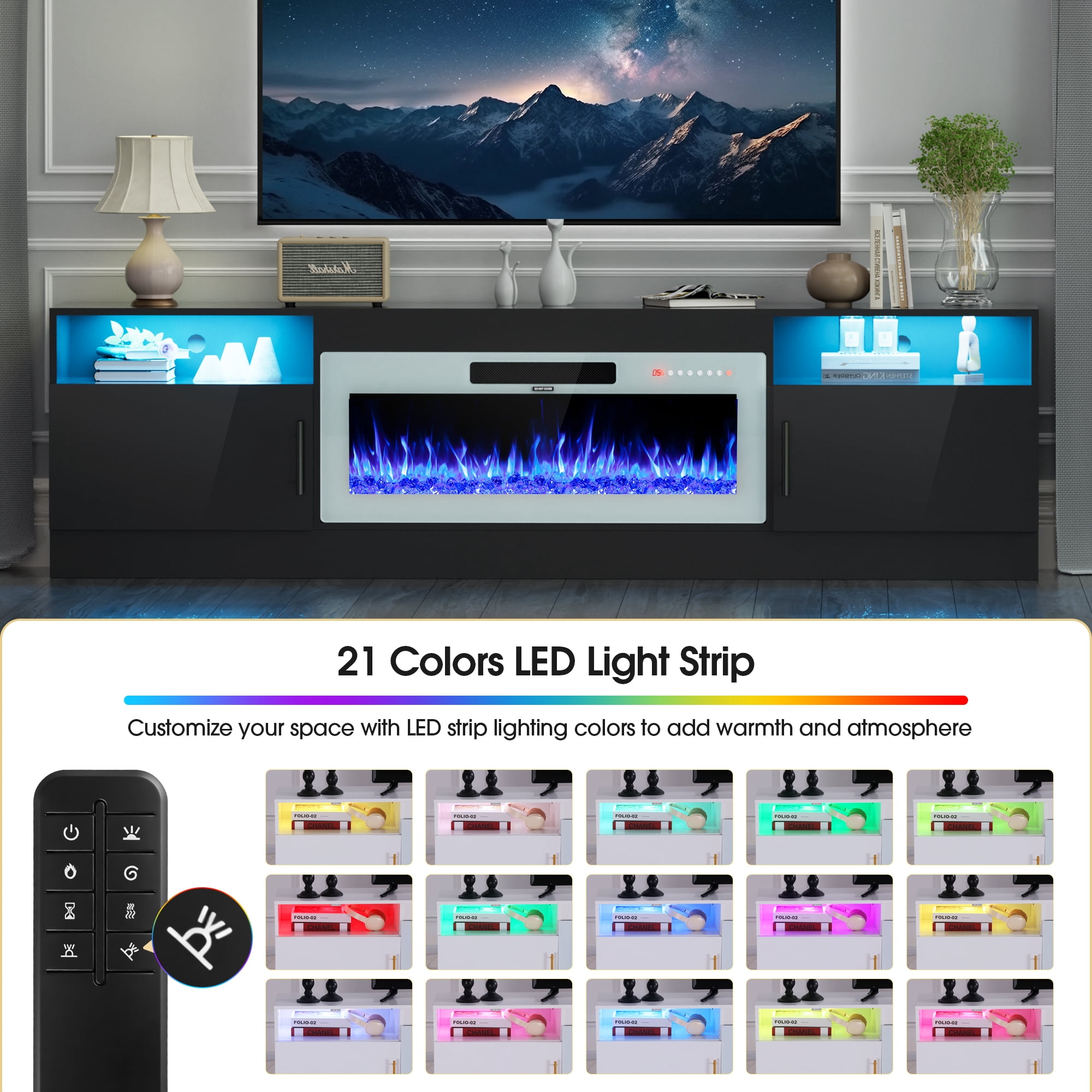 HARIPUL 80” TV Stand with 36" Electric Fireplace for TVs Up to 90 inch, LED Light Entertainment Center with High Gloss Door, Modern Media Console Cabinet for Living Room