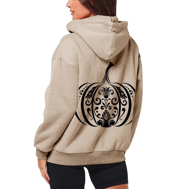 VBARHMQRT Sweat à Capuche Vintage Mode Femme Imprimé Citrouille Fermeture Éclair Manches Longues Poche Cordon Décontracté Sport