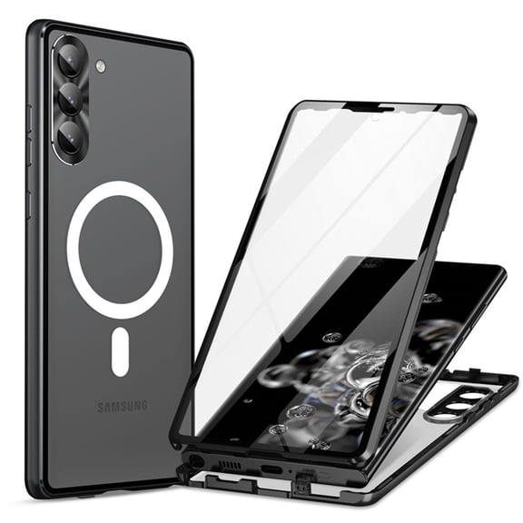 ELEHOLD Full Body Case for Samsung Galaxy S24 with Screen Protector Transparent Clear Plating Bumper Hard PC Back Magnetic Mag Safe Camera Lens Protector Shockproof Case for Samsung S24,Black