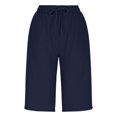 thumbnail image 3 of Fengqque Linen-cotton Shorts for Women Pull On Casual Athletic Bermuda Shorts Pants Drawstring Long SweatShorts with Pockets Navy S(S), 3 of 9