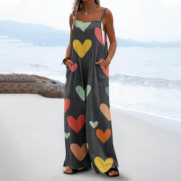 Wensltd Casual Loose Jumpsuits for Women One Piece Sleeveless Printed Wide Leg Long Pant With Pockets