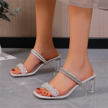 

Ykohkofe Ladies Summer Transparent PVC Thick High Heel Thin Strap Fashion Sandals