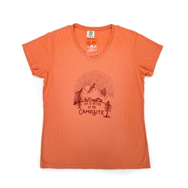 Camco Life is Better at The Campsite Sunrise Sketch Print V-Neck T-Shirt -Terracotta , 100% Ring Spun Cotton Tee, Large (53279)
