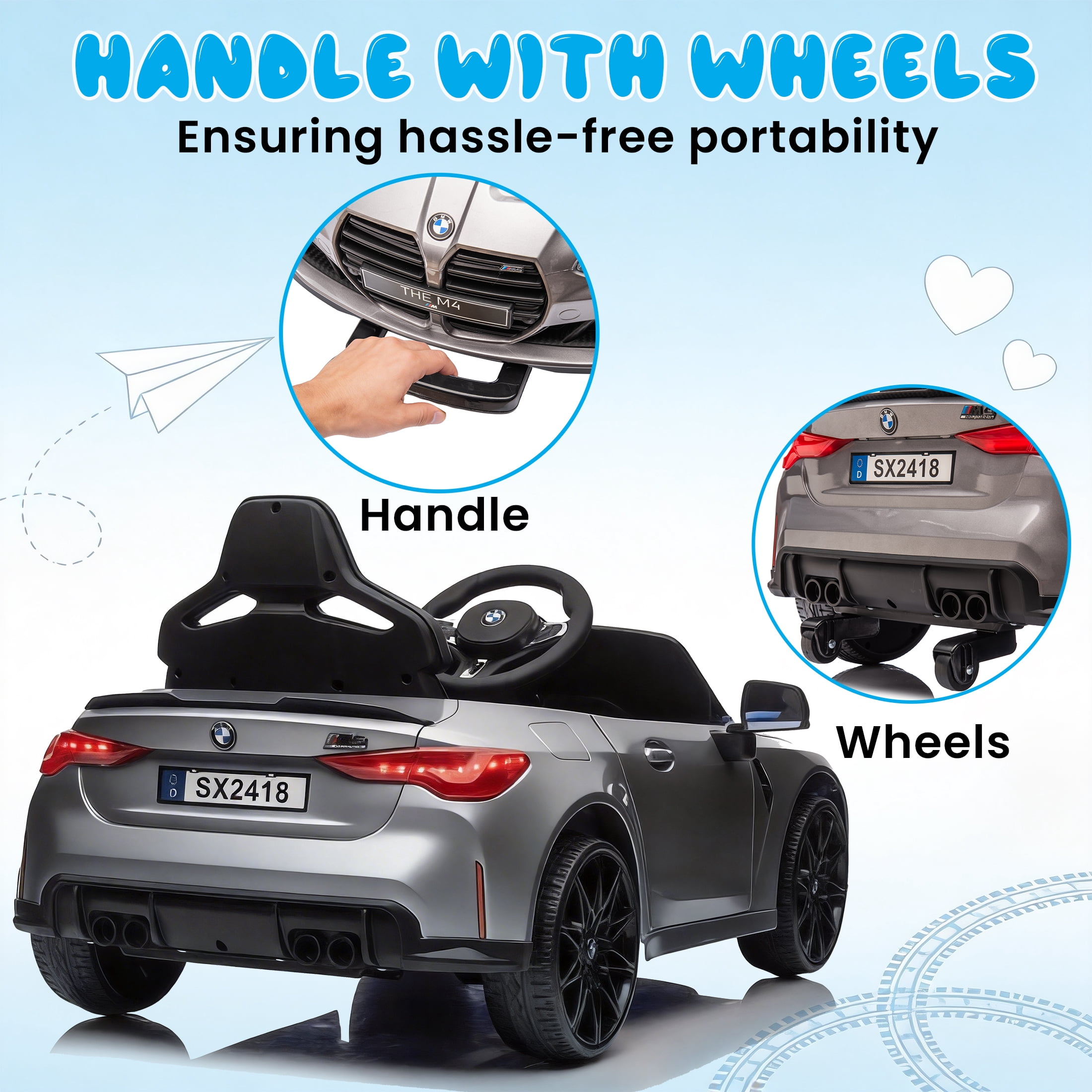 BMW M4 24V Kids Ride On Toy Car with Parents Remote, Electric Car with USB/MP3, Bluetooth, LED Light, Toddler Car with A Handle with Wheels and A Pull, Easy to Carry, Gift for Boys Girls 2-5, Silver