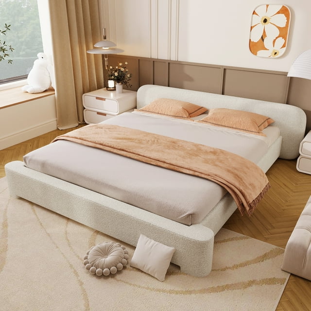 MODERNLUXE King Size Boucle Bed Frame,Upholstery Platform Bed with Soft Rounded Corners & Wood Frame for Bedroom,Easy Assembly,White