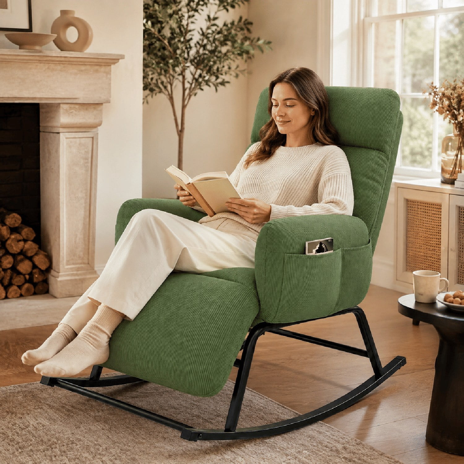 Modern Rocking Chair with Retractable Footrest, Upholstered Lounge Chair with Side Pocket, Plush Fabric, for Living Room Bedroom