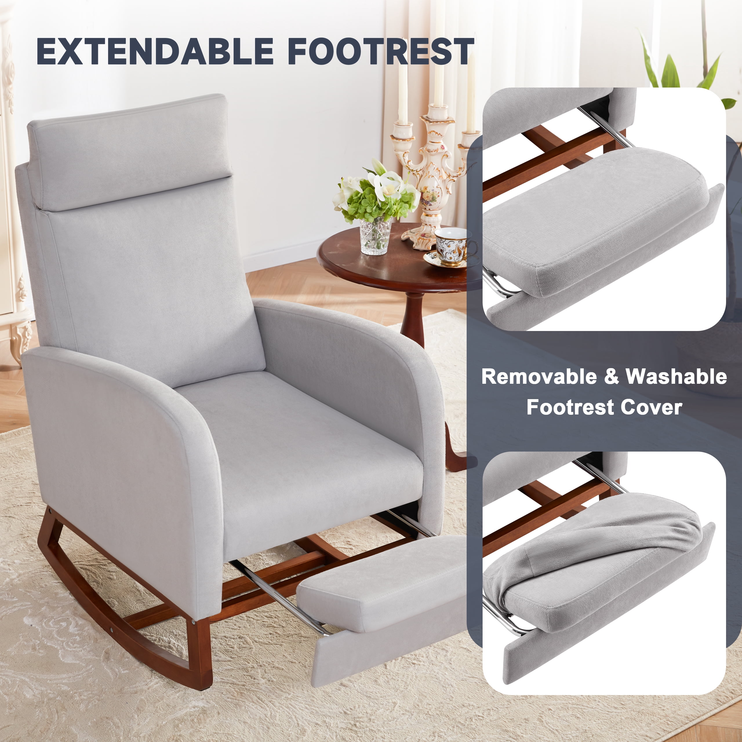 Someet Nursery Rocking Chair with Footrest,Linen Material Rocker Armchair with High Backrest and Pillow for Bedroom Living Room,Gray