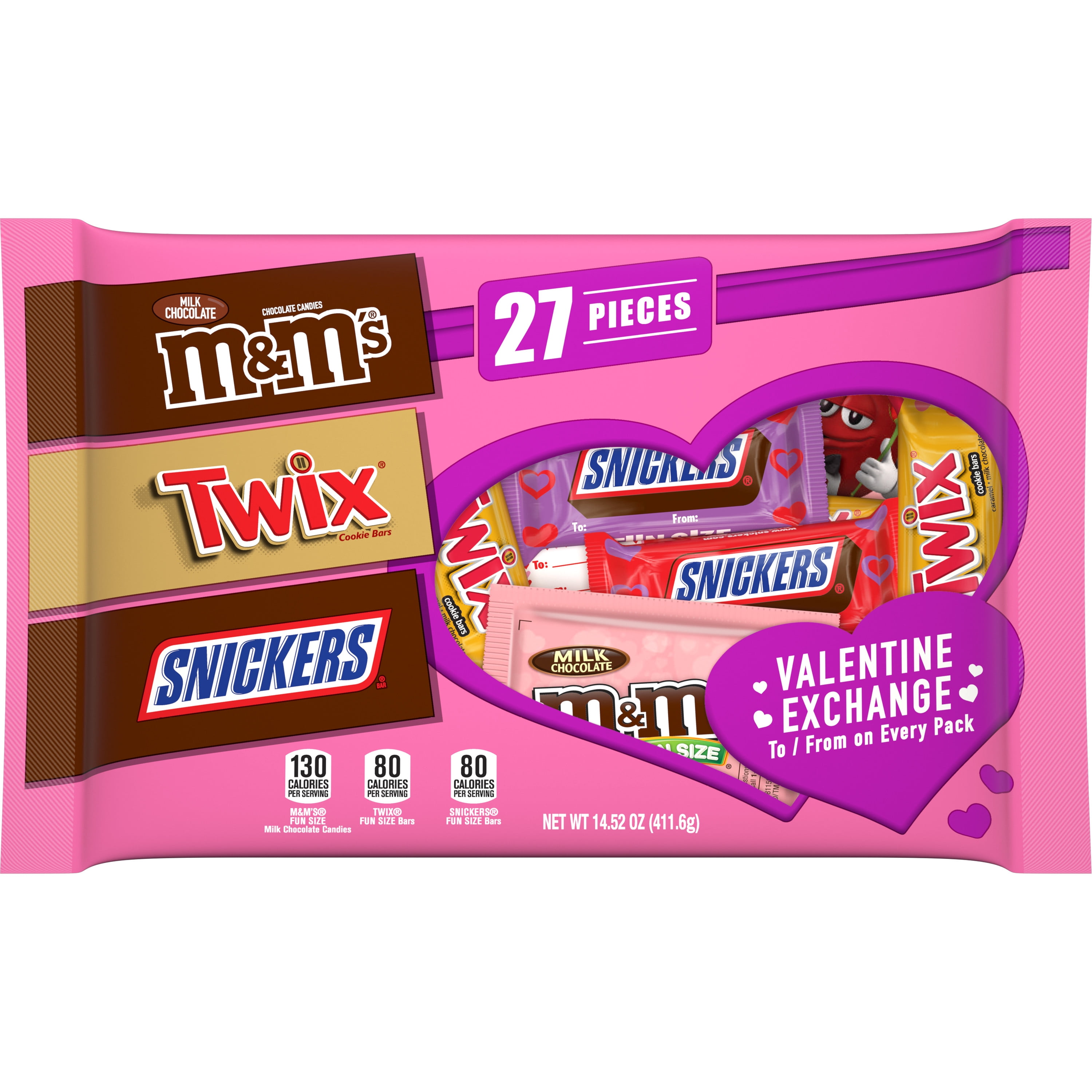 MARS VARIETY PACKS M&M's Snickers & Twix Valentines Assorted Chocolate Candy - 27 Pieces