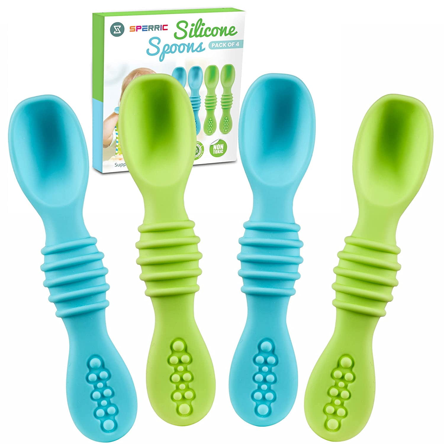 Silicone Baby Spoons for Baby Led Weaning 4-Pack, First Stage Baby Feeding Spoon Set Gum Friendly , Great Gift Set (Blue)