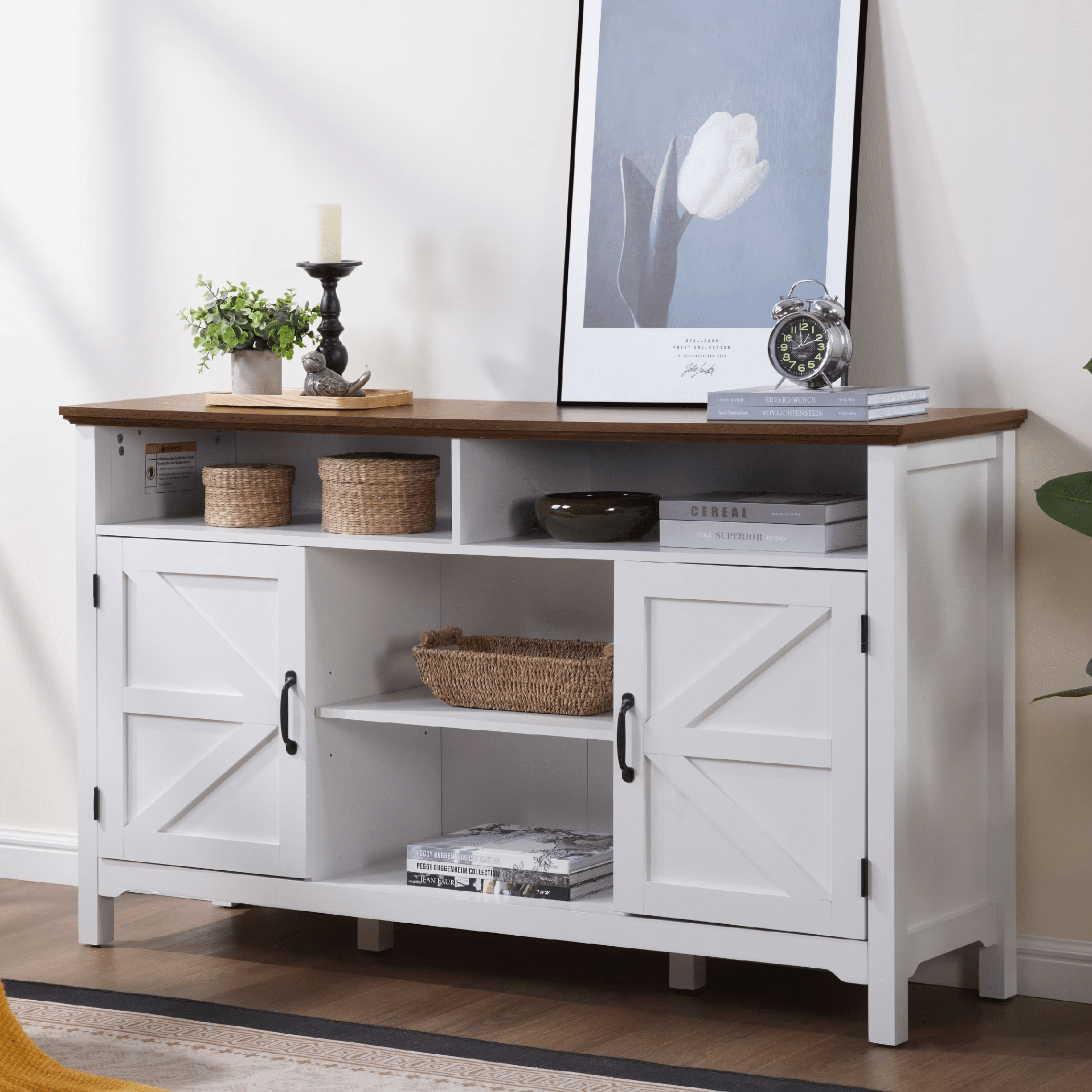Farmhouse Buffet Cabinet with Hinged Barn Doors, 58" Kitchen Sideboard for Dining Room