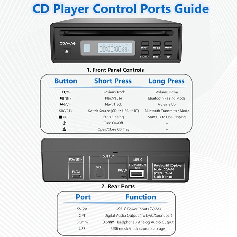 HiFi CD Player for Home,CD Ripper,Bluetooth Car CD Player with USB Ripping, Rip CD to USB, External High-Fidelity Player