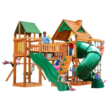 Gorilla Playsets Catalina Wooden Swing Set with Clatter Bridge and Tower, 3 Swings, and Tube